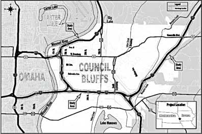 Map showing the study area for the Council Bluffs Interstate System (CBIS) Improvements Project. The project, situated on the Iowa-Nebraska border, encompasses I-80 from east of the I-480 interchange in Omaha east to US 6 (Kanesville Boulevard). It also includes I-29 from 25th Avenue to just south of US 275 and I-480 from the Missouri River Bridge on the Iowa side to the I-29 interchange.