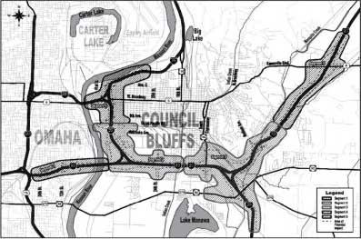 Map detailing the five segments currently planned for Tier 2 NEPA analysis as part of the Council Bluffs Interstate System (CBIS) Improvements Project. Areas of potential impact are noted for each segment.