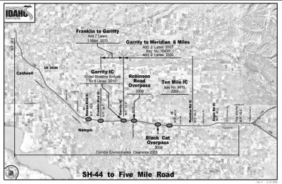 Transparency of proposed improvements to I-84 from the junction with SH-44 to Five Mile Road layered upon an arial photograph of the immediate and surrounding areas.