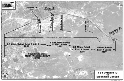 Transparency of proposed improvements to I-84, from the Orchard Street Interchange to Eisenman Canyon, layered upon an arial photograph of the immediate and surrounding areas.