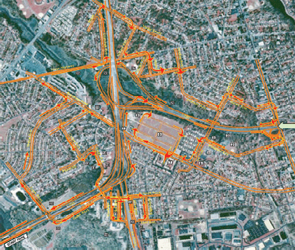 Aerial photo, including overlaid directions of travel, of the study area, including I-295, beginning in the north at the Pennsylvania-Reading Railroad tracks (just south of Collett Street, James Avenue, and Route 168) to the south ending at Creek Road (County Route 753). On I-76, the western limit of the study area is the Market Street (County Route 634) bridge over I-76. On SR-42, the project's eastern limit is the extension of Heller Road and Leaf Street, east of Windsor Creek Road.