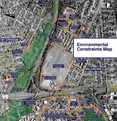 Aerial photo, indicating areas of environmental constraints, including various parklands, historic sites, residential, business, school zones, and churches in the study area.