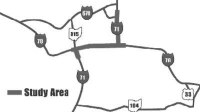 Roadmap illustrating the Innerbelt Corridor Study area in downtown Columbus.