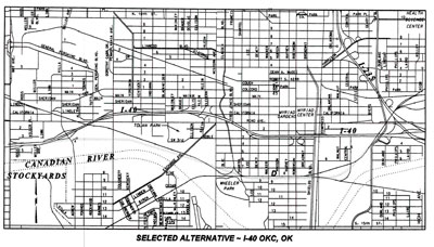 Map showing the selected I-40 alternative, from I-235 to May Avenue.
