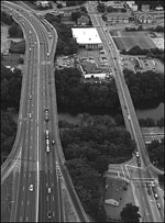 Figure 2: Aerial photo of Pawtucket Bridge No. 550 (I-95 northbound and southbound), Division Street and School Street.
