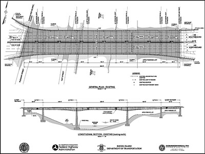 Figure 3: Design drawing showing the existing general plan and an existing longitudinal cross section for Pawtucket Bridge No. 550.