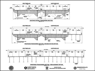 Figure 4: Design drawing showing the existing transverse section and the tentative transverse sections for the rehabilitation and replacements options for Pawtucket Bridge No. 550.