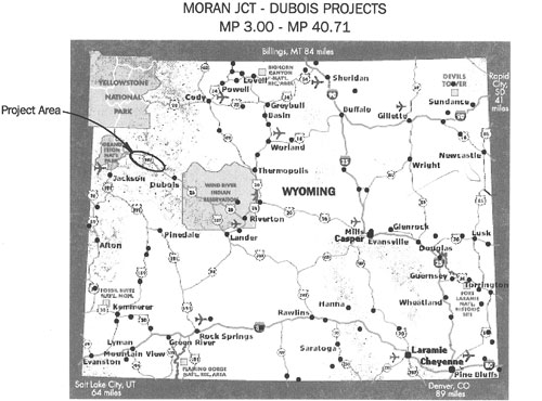 Map of Wyoming and Project Area, indicating the section of US-287/26 between Teton and Fremont counties and traversing the public lands of the Bridger-Teton National Forest, Shoshone National Forest, and Grand Teton National Park, in northwest Wyoming.