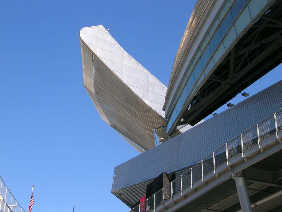This photo shows the cantilevered seating at Soldier Field Stadium.