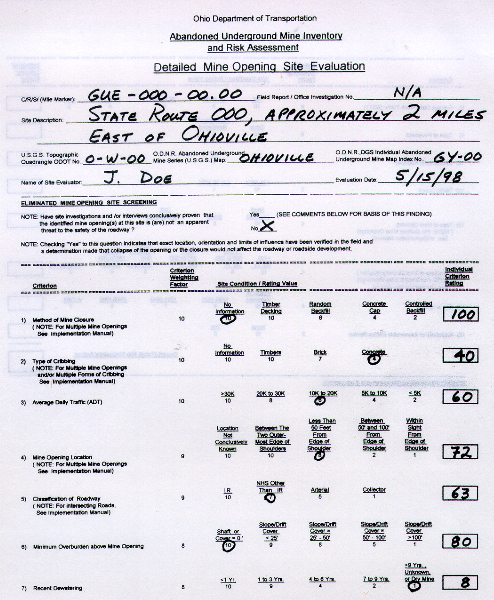 Example of a Completed Detailed Mine Opening Site Evaluation Form page 1 of 2
