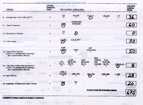 Example of a Completed Detailed Mine Opening Site Evaluation Form page 2 of 2