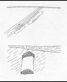 Drawings of common failure mechanisms of hard rock mines. Destratification in which the overlying rock separates along bedding planes (top).  Chimneying disintegration in which the overlying bedrock gradually collapses vertically into the mined void (bottom).