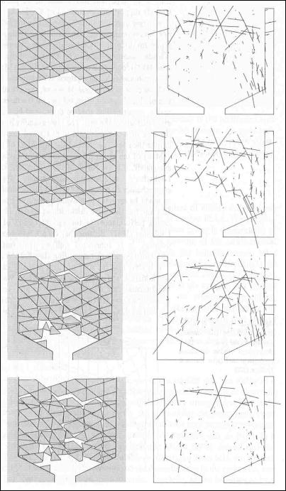 Schematic of computer model of distinct element simulation of block caving showing simulated breakup of rock into distinct pieces and their progressive downward movement. [Voegele et al., 1978] in Brady and Brown, 1985.