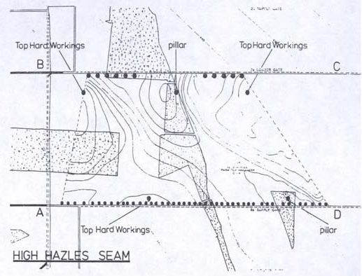Figure 4. Superposition of the surveyors map of the old working in the underlying coal seam and the velocity field estimated in the current experiment.  Shaded areas indicate the positions of old pillars left in place after excavation in the underlying coal seam. (Mason, 1981).
