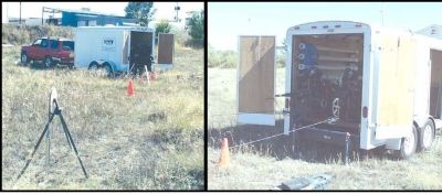Two photos. Left is cable being lowered into vertical boring, right is of the trailer