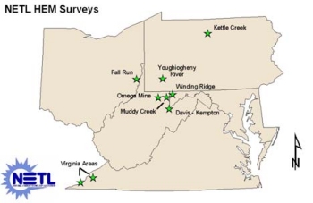 Map of OH, PA, WV, MD and VA showing HEM surveys of coal mining areas