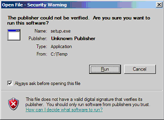 Example of a screen you may get when you double-click on / open setup.exe