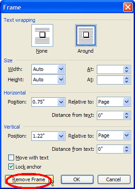 Screenshot of how to select the "Remove Frame" button