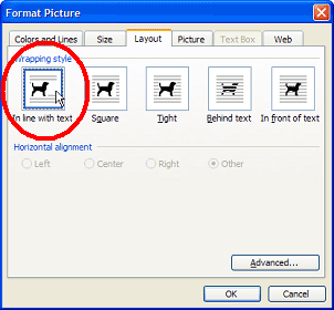 Screenshot of how to select the "Layout" tab and the "In line with text" option