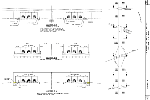 This figure shows a plan view and multiple cross section views for a maintenance of traffic plan for a portion of Interstate highway.
