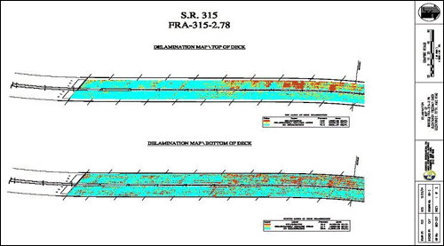 This figure shows a plan view of a bridge deck and the identification of delaminated areas of the deck. This information is used in designing the rehabilitation strategy for the deck. The specific correction action dictates the type and duration of traffic control need to accomplish the work.