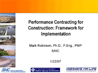 Slide 1. There are five photos that make up the frame of all the slides in this presentation. Photo No 1, construction site, Photo No 2, traffic on three lanes and construction being done on three lanes, Photo No 3, overpass construction, Photo No 4, overpass construction and Photo No 5, interstate construction.
