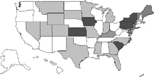 Map of United States by State which shows the safety audits for 2004. White is no RSA action (Washington, Oregon, Idaho, California, Arizona, New Mexico, North Dakota, Nebraska, Oklahoma, Arkansas, Louisiana, Wisconsin, Illinois, Tennessee, Alabama, Ohio, Maryland, Virginia, and New Hampshire), light gray is an RSA presentation (Nevada, Utah, Colorado, Montana, Wyoming, South Dakota, Texas, Minnesota, Missouri, Michigan, Indiana, Mississippi, Massachusetts, North Carolina, Georgia and Florida), gray for scheduling a training (Kentucky, Vermont, New Jersey, Maine Maryland and Delaware), darker gray for hosting (Kansas, Iowa, South Carolina, New York and Pennsylvania), darkest gray for piloting or occasional RSAs, and black for an RSA program.