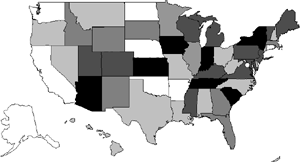 Map of United States by State which shows the safety audits for January, 2007. White is no RSA action (Washington, California, Alaska, North Dakota, Nebraska, Oklahoma, Arkansas and Connecticut), light gray is an RSA presentation (Oregon, Nevada, Montana, Texas, Missouri, Louisiana, Alabama, Ohio, West Virginia, North Carolina, and New Hampshire), gray for scheduling a training (Idaho, Wyoming, New Mexico, South Dakota, Illinois, Florida, Georgia and Massachusetts), darker gray for hosting (Utah, Colorado, Michigan, Mississippi, Kentucky, Virginia, Maryland, Pennsylvania, New Jersey, Vermont and Maine), darkest gray for piloting or occasional RSAs, and black for an RSA program (Arizona, Kansas, Iowa, Indiana, Tennessee, New York and South Carolina).