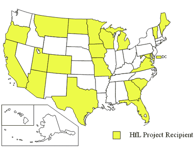 Map showing HFL projects.  Project Recipients: Maine, Virginia, Georgia, South Carolina, Minnesota, Iowa, Missouri, Maryland, North Dakota, Montana, Oregon, California, Arizona, Utah, Michigan, Colorado, District of Columbia, Florida, Texas, Vermont, and Wisconsin
