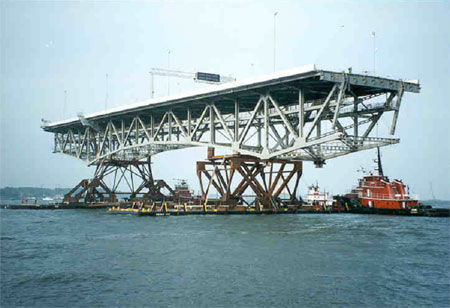 section of George P. Coleman Bridge being moved into place