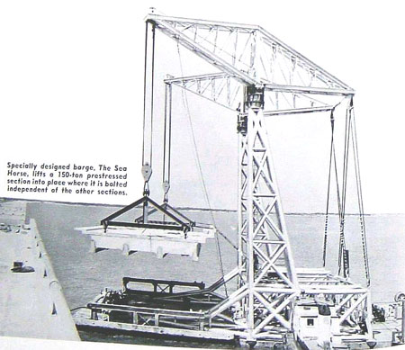 Lavaca Bay Causeway barge with crane to lift section in place