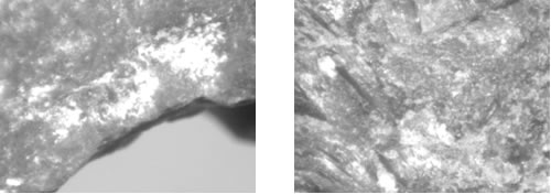 Figure 3.1. Texture image with and without aggregate edge. Two photos. The image on the left is dark and mottled with the edges of the aggregate particle shown. The image on the right is also mottled, but patches of white are more diffuse and no particle edge is shown.