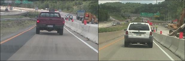 Figure 16. Photos. The AWP (left) and standard pavement marking (right) work zones on eastbound US-32/33/50 during the day.