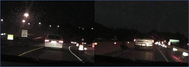 Figure 17. Photos. The AWP (left) and standard pavement marking (right) work zones on eastbound US-32/33/50 at night.