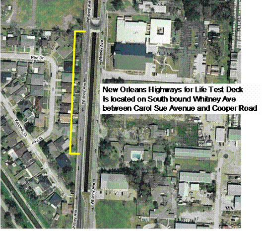 This image shows an aerial view of the New Orleans Test Deck. The deck is located on south-bound Whitney Ave between Carol Sue Avenue and Cooper Road.