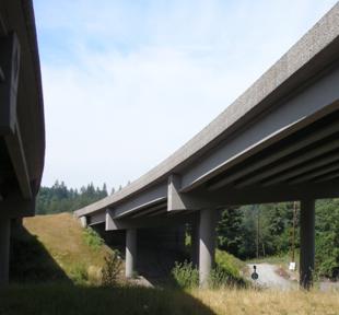 Figure 2. Photo. Typical prestressed girder bridge with longitudinal continuity. A typical Washington State prestressed girder bridge with two-column bents, dropped cap beams, and an open soffit prestressed girder superstructure.
