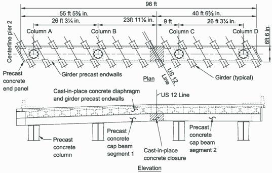 Figure 41. Diagram. HfL demonstration project plan and section at the center pier. Plan and elevation of the center pier detailing the two-part precast cap beam, cast-in-place concrete diaphragm, and prestressed concrete girders.