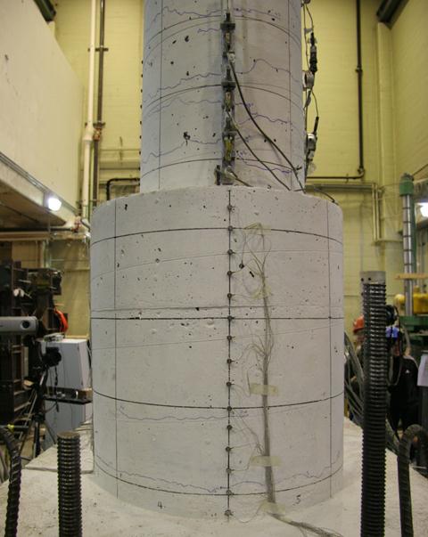 This photo shows flexural cracks on the precast column and shaft.