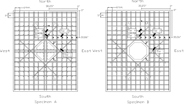 The drawings show the locations of the strain gauges in the cast-in-place spread footings.