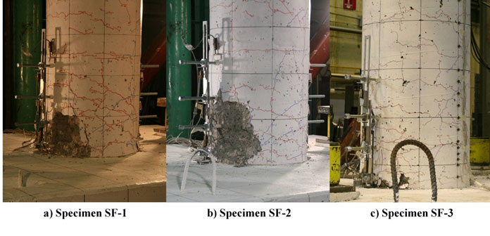 Comparison of column damage after being displaced to 4.28 percent drift for the three spread footing socket connection test specimens. Spalling extended 10, 12, and 7 inches above the footing in specimens SF-1, SF-2, and SF-3, respectively.