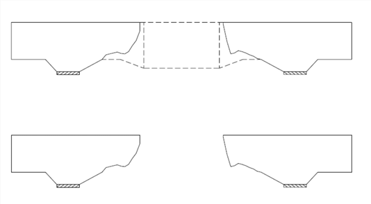 Drawing shows the profiles of specimen SF-3’s spread footing in the loading direction before and after testing. A dashed line represents the original profile of the footing before the column failed in combined punching shear and moment transfer.
