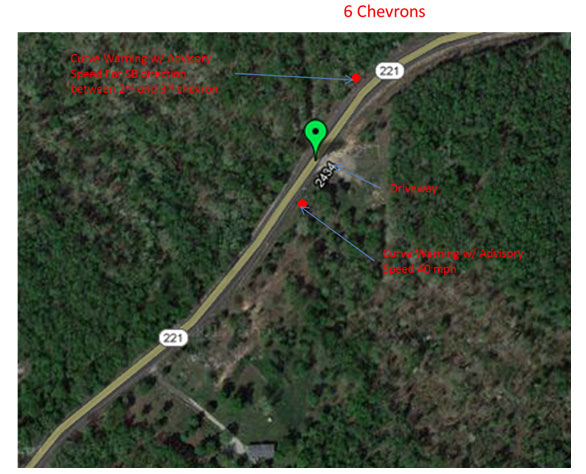 Map: Missouri Highway 221 site layout showing curve warning with advisory speed southbound between the second and third chevron, a driveway in the study direction directly before the curve, and a curve warning with advisory 40 mile per hour speed in the study direction