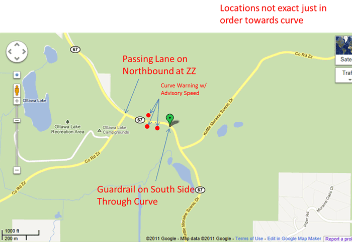 Map: Wisconsin Highway 67 site layout showing relative locations of passing lane northbound, three curve warnings with advisory speeds, and guardrail on south side through curve