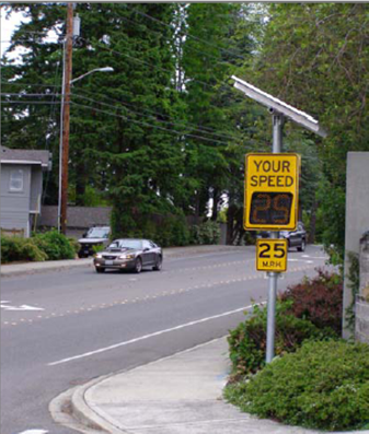 Image: Dynamic speed feedback sign system with advisory speed below YOUR SPEED in Bellevue, Washington