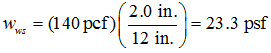 Figure 22. Equation. The dead load due to a 2-inch-thick wearing surface. Equation. the dead load due to 2 in. thick wearing surface, w subscript ws is equal to 23.3 psf