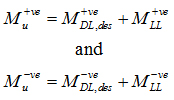 Equation. M subscript u superscript positive is equal to sum of M subscript DL,des superscript +ve and M subscript LL superscript positive and M subscript u superscript negative is equal to sum of M subscript DL,des superscript negativeve and M subscript LL superscript positive