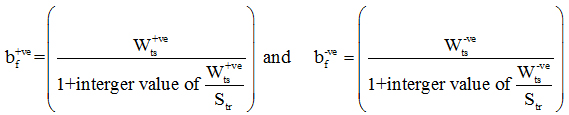 Figure 42. Equation. Flange width of equivalent T-beam for positive and negative bending.Equation. b subscript f superscript positive is equal to W subscript ts superscript positive divided by sum of one and intervalue of divident of W subscript ts superscript positive and S subscript tr