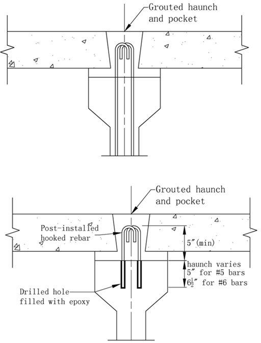 Illustration: Extended stirrups and field-installed reinforcement as horizontal shear connectors
