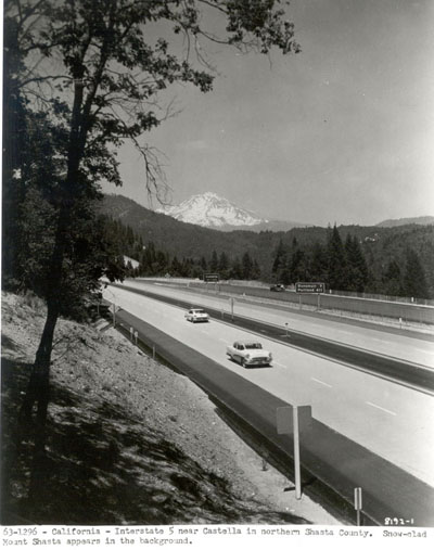 California - Interstate 5 near Castella in northern Shasta County.  Snow-clad Mount Shasta appears in the background.