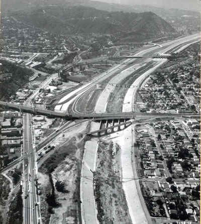California - Temporary terminus of Interstate 5 on Riverside Drive in the vicinity of Glendale Boulevard, Las Feliz Boulevard interchange and Griffith Park ramps can be seen in the background.  Aug 16,1959.